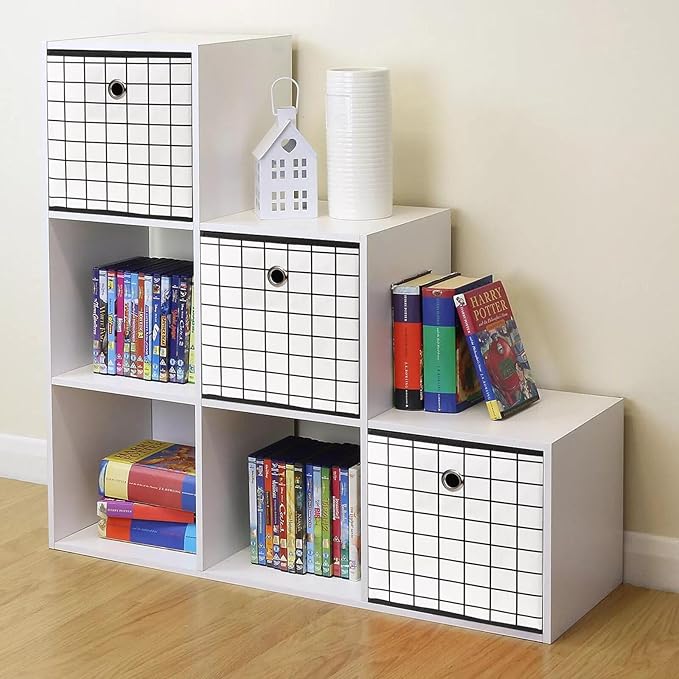 Foldable Storage Cubes Bins,11 Inch Cloth Storage Cube Fabric Storage Box Cubes Organizer Baskets with Dual Handles for Home Organizer Set of 3 (White grid)