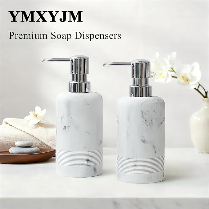 Resin Soap Dispenser Sets, 2 Pcs Heavy Lotion Dispensers,10.8oz Refillable Liquid Soap Dispensers with Rust-Proof Pump for Bathroom Countertop or Kitchen, Artificial Marble White