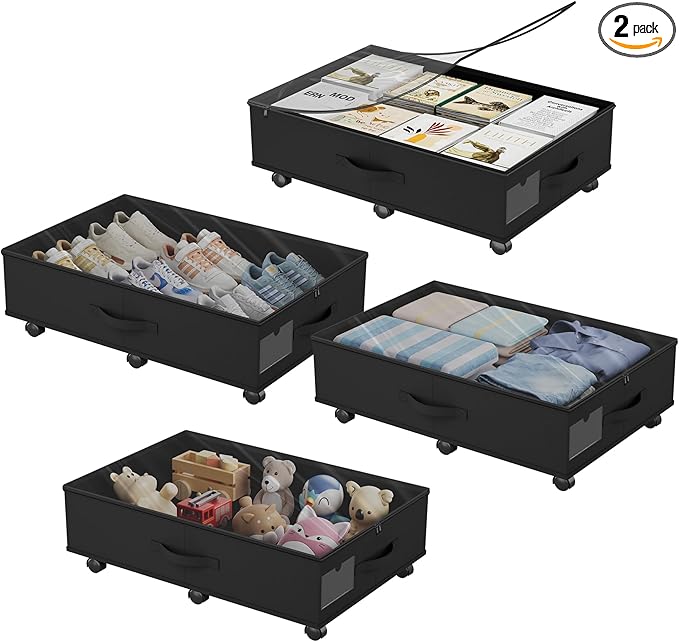 Babenest 4-Pack Under Bed Storage Organizer with Clear Zippered Lid, Foldable Rolling Underbed Drawers on 6 Wheels, Space Saving Clothes, Shoes, Toy Storage for Bedroom, Dorm, Closet