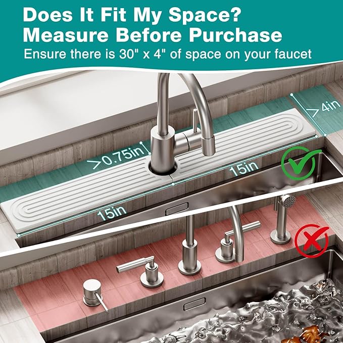 DK177 Faucet Mat for Kitchen Sink - Water Absorbing Stone Tray for Sink, Diatomite Fast-Drying Faucet Mat, Faucet Splash Guard for Bathroom Counter (White, 30" x 4")