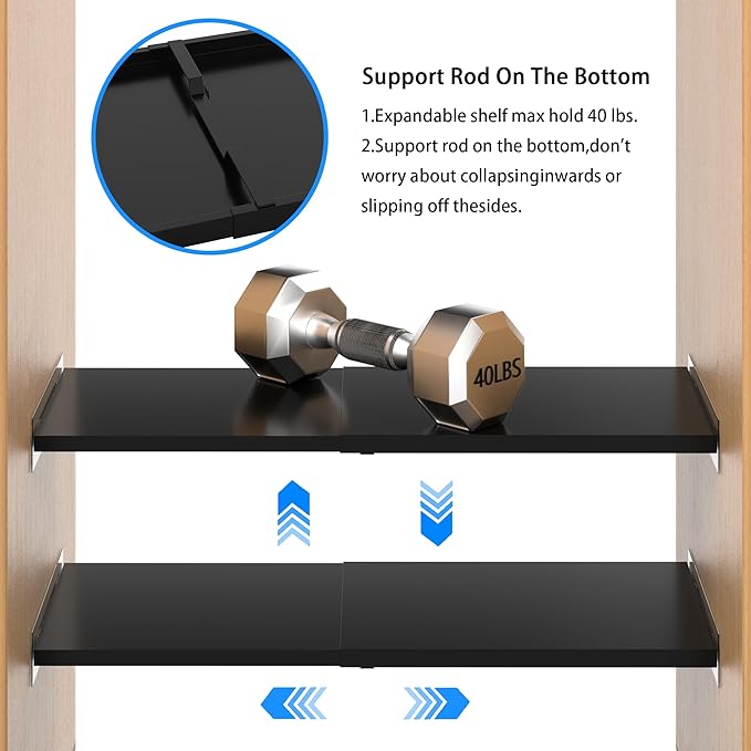 Expandable Closet Tension Shelf Organizers, Cabinet Rack Storage for Wardrobe Divider Shelves Pantry Cupboard Kitchen (2 Pack, W11.81 x L: 17" to 31")