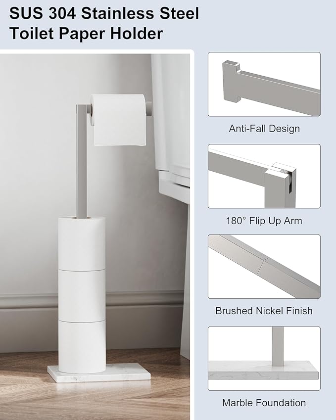 Freestanding Toilet Paper Holder Stand Brushed Nickel SUS 304 Stainless Steel Rustproof 22" Rotating Bathroom Tissue Roll Holder for 4 Rolls with Marble Base by HOMEMYSTIQUE