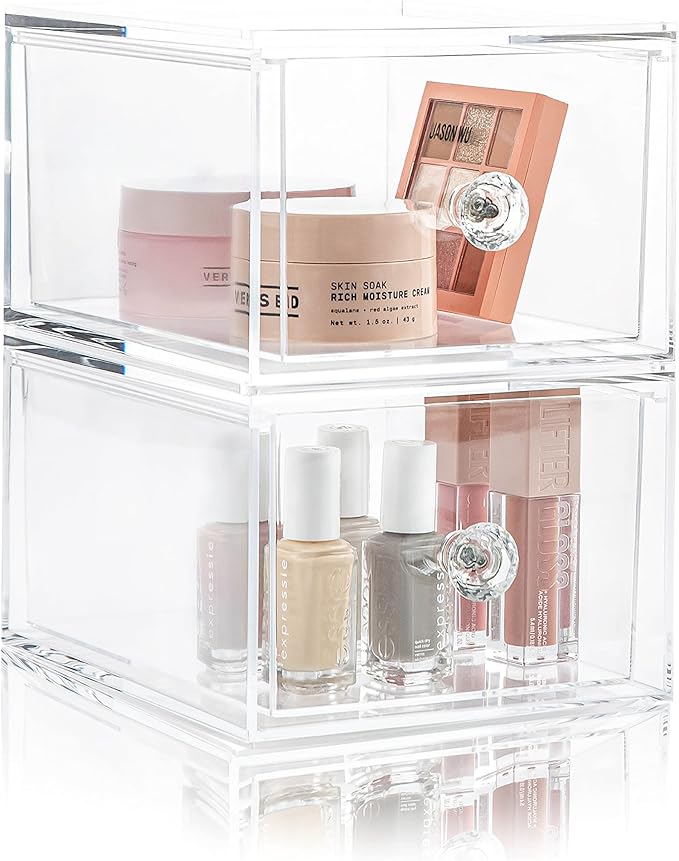 Oizeir Clear Drawer Organizers - Acrylic, Durable, Stackable, Pull-Out Drawer. Great for Medicine, Cosmetics, Makeup and Bathroom Organization. (4.5" High | 2-PACK)