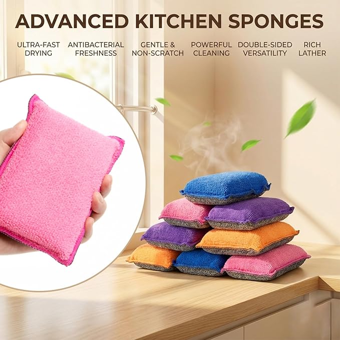 MAQIHAN 8 Pack Microfiber Sponge Kitchen - Dish Scrubber Sponge Non-Scratch Reusable High Density Heavy Duty Kitchen Sink Dish Sponge for Washing Dishes, Pans, Household Cleaning Sponges 4 Colors.