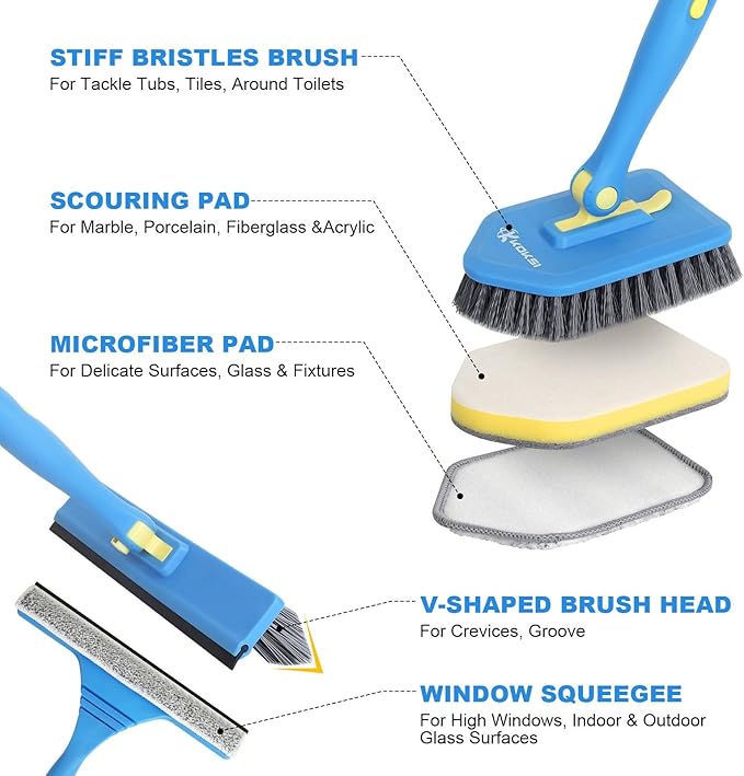 Tile Tub Scrubber Brush with 5 Different Function Cleaning Heads and 51" Extendable Long Handle Non Scratch Shower Scrubber for Cleaning Bathroom Kitchen Toilet Wall Bathtub Sink