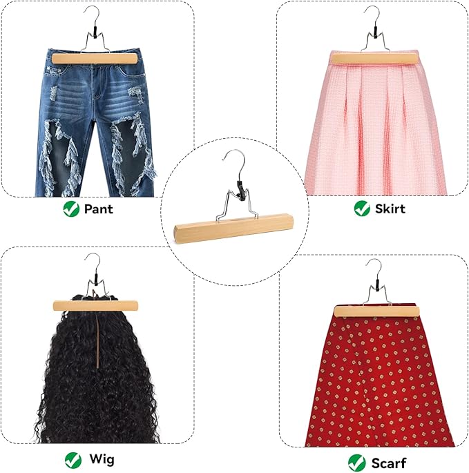 Nature Smile Wooden Pants Skirt Hangers, Smooth Finish Solid Wood Non Slip Jeans Slack Clamp Hangers Hair Extension Hangers (10 Pack Natural)…