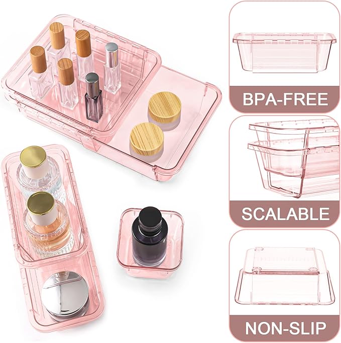 20 Pcs Clear Drawer Organizer, Adjustable Drawer Storage Box, 3-Size Desk Drawer Organizer, Acrylic Storage Bins for Makeup, Kitchen Utensils, Bedroom Dressers Tool Organizer for Gadgets, Pink