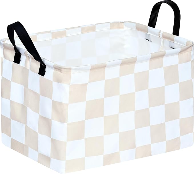 Beige Check Storage Basket Baby Toys Organizer Bins Decorative Gifts Bakset Waterproof Nursery Hamper Women Storage Cube Kids Laundry Basket for Home/Dorm/Kitchen/Pet/Office/Closet/Shelf/
