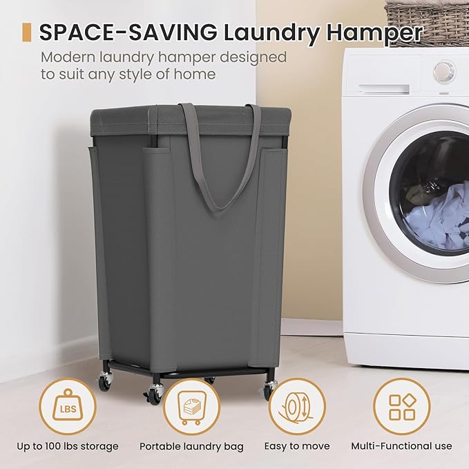 Laundry Basket with Wheels, Large Laundry Hamper with Removable Bag and Steel Frame, 160L Rolling Dirty Clothes Basket for Bedroom, Bathroom, Laundry Room (Gray)