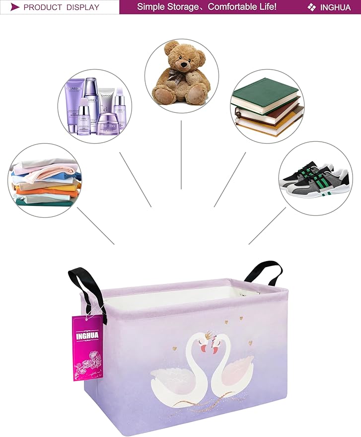 Rectangular Storage Basket Fabric Organizer Bin for Toys,Books,Clothes,Gifts,Pets-Perfect for Home,Office,Nursery,Dorm,Shelf(Rec-Love Swans )