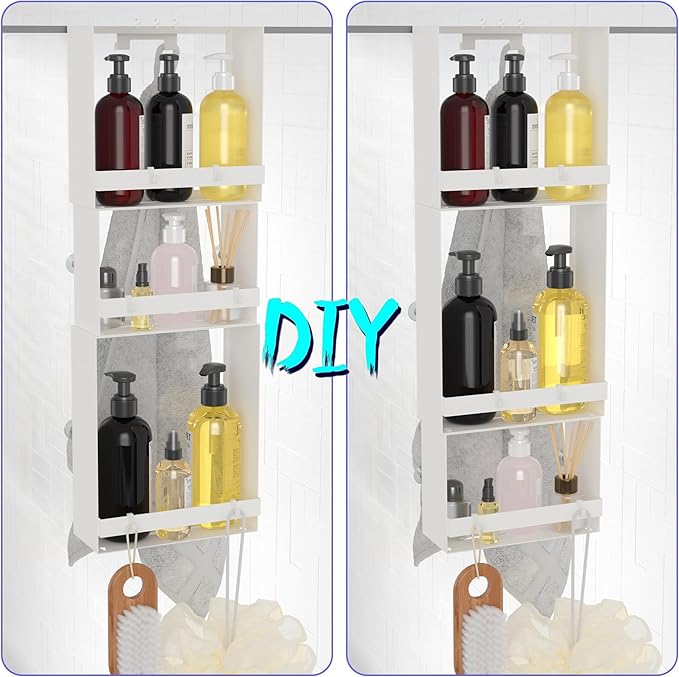 Over the Door Shower Caddy Hanging, 3 Tier Stainless Steel Hanging Shower Caddy with 8 Hooks & 4 Suction Cup, Bathroom Organizers and Storage Rack, Bathroom Decor Shelves Holds Shampoo, Towel - White
