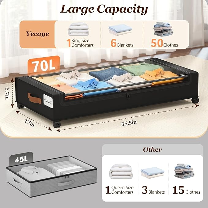 Yecaye 70L Under Bed Storage with Wheels, 3 Pack Larger Capacity Under Bed Storage Containers, Underbed Shoe Storage Organizer, Rolling Under Bed Metal Drawers for Clothes, Blankets, Black