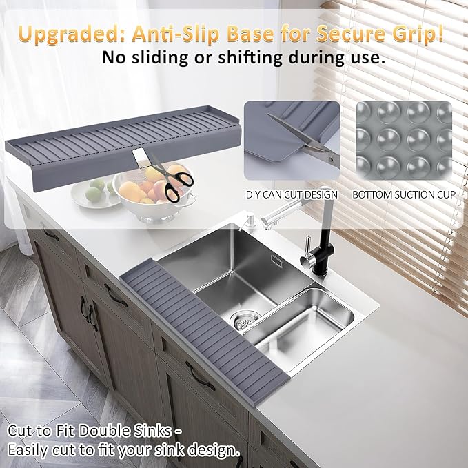 Sink Edge Protector with Suction Cup 4"x24", Silicone Sink Splash Guard for Kitchen & Bathroom, Protect Countertop from Scratches, Stains, for Stainless Steel Granite Quartz-Grey