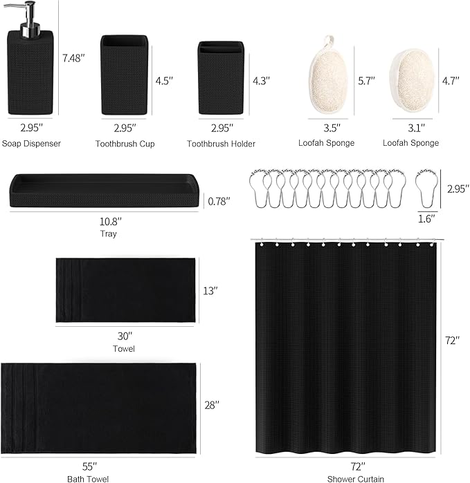 Resin Black Bathroom Sets, Black Bathroom Accessories Set with Shower Curtain, Bath Towel Set, Natural Loofah Sponge, Soap Dispenser, Toothbrush Holder, Bathroom Tumbler and Tray for Countertop