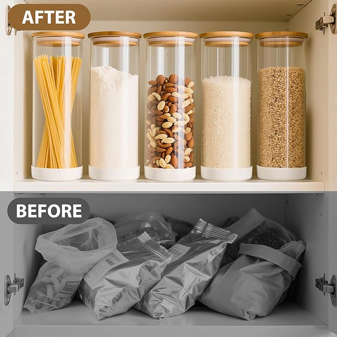 73oz Glass Spaghetti Pasta Containers for Pantry Organization, 3-Pack Large Airtight Food Jars with Bamboo Lids and Non-Slip Silicone Bases, Clear Storage Canisters for Flour, Cereal, Rice