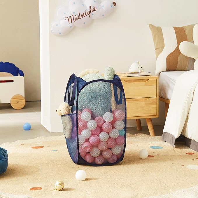 TECHMILLY Upgraded 105L Collapsible Mesh Pop Up Laundry Hamper with Sturdy Handles and Side Pocket - Portable Foldable Clothes Baskets for Dorm, Bathroom & Travel Storage (Blue Plus)