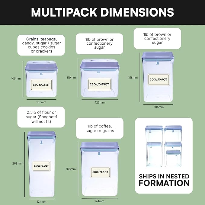 Bop Top | Airtight Meal Prep Containers with Lids | Food Storage Container Sets | Snack and Overnight Oats Fridge Organizer | Pantry and Kitchen Organization | Set of 5