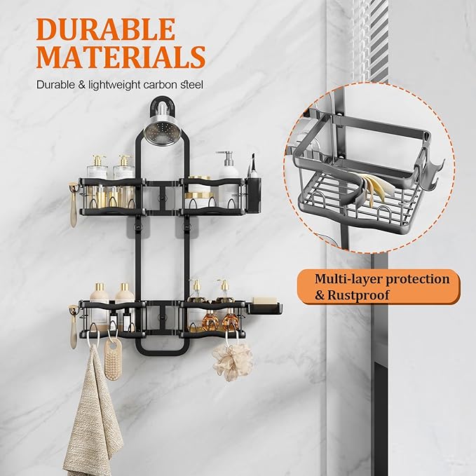 Shower Caddy Hanging Shower Head,Rustproof Hanging Shower Caddy Over Showerhead Bathroom Shower Caddies Shelf Organizer Rack For Sponge,Shampoo,Soap Storage,With Razor-Hooks,Black