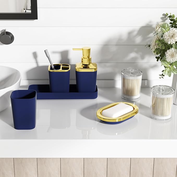 Navy Blue Bathroom Accessories Set, Blue and Gold Bathroom Accessories with Trash Can, Soap Dispenser, Soap Dish, Toothbrush Holder and Q-tip Holders