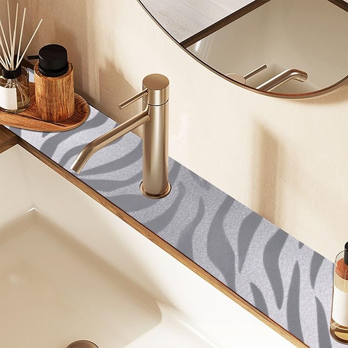 Kitchen Sink Splash Guard 2 PCS 14.7 Inch Sink Faucet Mat Splash Guard for Bathroom Countertop Water Absorbent Foldable Cuttable Soft Washable Light Silvery Zebra Print