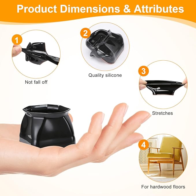 CHUNZEXI 16 Pack Square Chair Leg Floor Protectors for Hardwood Floors, Silicone Felt Covers Pads Caps, Protect Wood Furniture Feet Floors Noise Reduce and Scratch (Square X-Lager & Black)