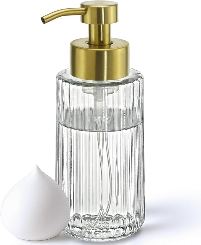 JASAI 16Oz Glass Foaming Soap Dispenser with Golden Rust Proof Pump, Refillable Foam soap Dispenser with Thick Glass, Elegance Foaming Hand Soap Dispenser for Bathroom & Kitchen.(Golden)