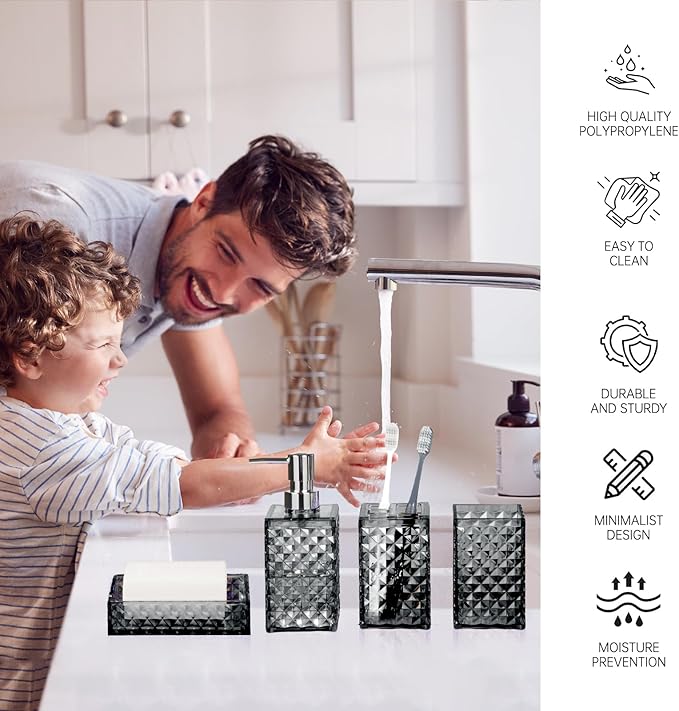 Bathroom Accessory Set, Grid Pattern 4 Pcs Plastic Bathroom Set Include Soap Dispenser, Soap Dish, Toothbrush Holder, Mousewash Cup, Modern Bahtroom Décor Set, Space Save for Bathroom((Grey)