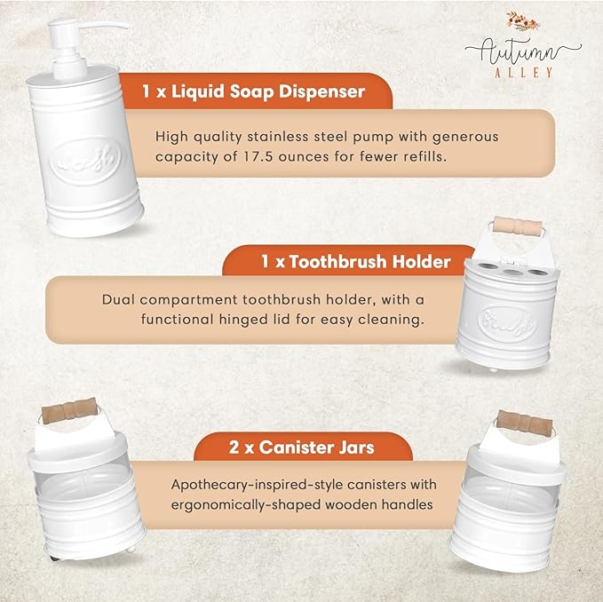 Autumn Alley White Bathroom Accessories Set 4 - Farmhouse Soap Dispenser, Toothbrush Holder, 2 Apothecary Jars Qtip Holder - White Bathroom Decor – Rustic Farmhouse Bathroom Accessories