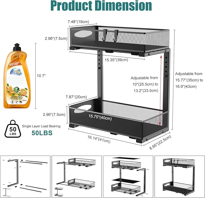 Housolution 1 Pack Under Sink Organizer, 2 Tier Metal Pull Out Under Sink Storage with Sliding Mesh Drawers, Height Adjustable Slide Out Under Sink Organizer for Kitchen Bathroom Cabinet, Black