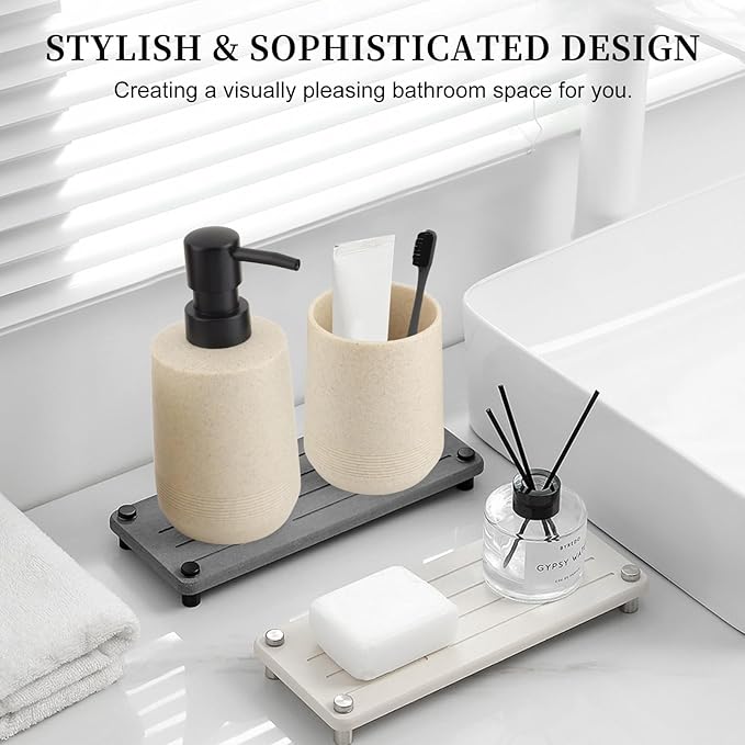 Bathroom Accessories Set, 2 Piece Resin Bathroom Accessory Set with Soap Dispenser and Toothbrush Holder for Modern Bathroom Decor (Beige)