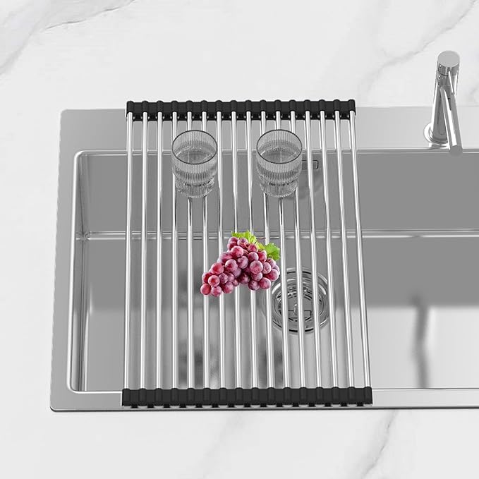 Extra Large Expandable Roll Up Dish Drying Rack,Over The Sink Drying Rack Sink Cover Kitchen Sink Accessories Kitchen Rolling up Stainless Steel Drainer, Foldable,Rollable（Black，25.1''-12.4''）