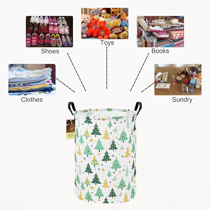 HUNRUNG Laundry Hamper,Large Canvas Fabric Lightweight Storage Basket Toy Organizer Dirty Clothes Collapsible Waterproof for College Dorms（Round-Green tree）
