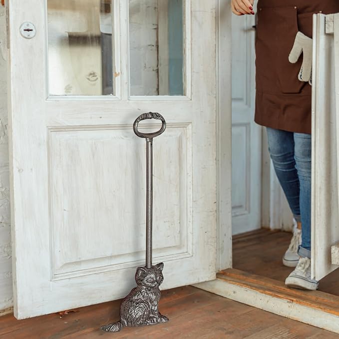 Sungmor Portable Door Stopper Wedge, 21.6" Tall Lovely Cat Door Holder, Cast Iron Heavy Duty Animal Statue Door Stops with Handle, Antique Style Decorative Ornaments for Home or Yard