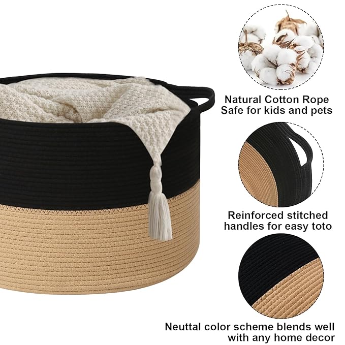 65L Large Blanket Basket,19.7" L x 19.7" W x 13" H Rope Woven Baskets with Handles, Toys Storage Bins,Laundry Basket Perfect for Living Room, Nursery,Bedroom,Home Organization,Black&Camel