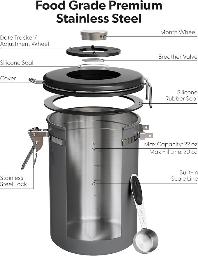 Veken Coffee Canister with Window,Airtight Stainless Steel Kitchen Food Storage Container, Date Tracker & Scoop for Grounds Coffee, Beans, Tea, Flour, Cereal,Sugar,22OZ,Grey