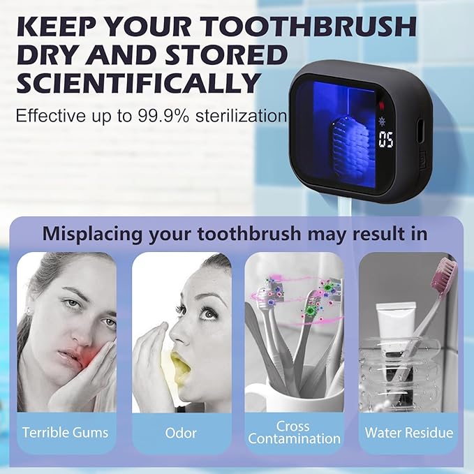 GTSolonia UV-C Toothbrush Cleaner, Portable Travel Cover for Manual/Electric Tooth brush, Magnetic Holder and Rechargeable Case for Any Size Toothbrush, Black