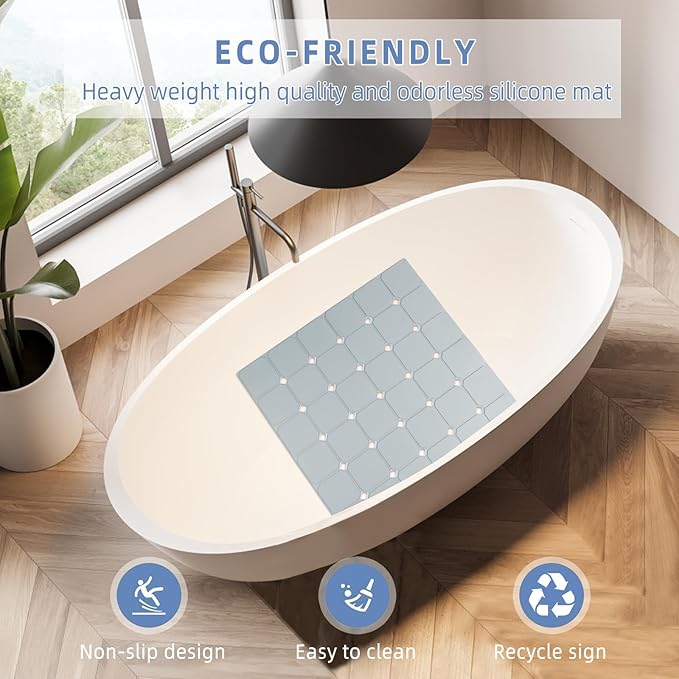 MEIMEIDE Shower Mat Non Slip 21"x21" Silicone Foldable Bath Mat with Suction Cups & Drain Holes, Odorless, Eco-Friendly & Durable, Machine Washable Shower Stall Mat for Adults, Seniors Grey