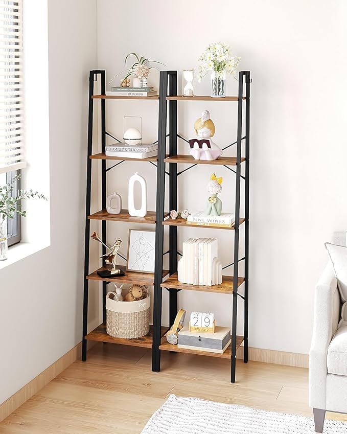 Ladder Shelf, Bookshelf Bookcase, Freestanding Corner Storage Shelve with 2 Hooks for Home Office, Living Room, Kitchen, Bedroom, Industrial, 11.8" D x 17.3" W x 63" H, Rustic Brown BC19201B