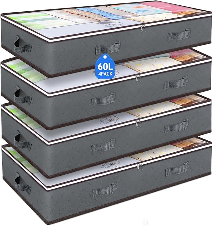 Budding Joy 60L Under Bed Storage Containers, Storage Bins with Clear Lids, Foldable Closet Organizers Storage Bags for Bed Sheets, Clothes, Blankets, Shoes, Comforter, Sweaters, Wrapping Paper