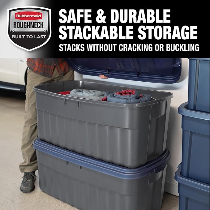 Rubbermaid Roughneck️ 50 Gallon Storage Totes, Durable, Stackable Storage Containers with Lids, Great for Home, Office, and Garage Organization, Grey Base and Dark Indigo Metallic Lid, Pack of 2, Grey and Dark Indigo Metallic, 50 Gal - 2 Pack