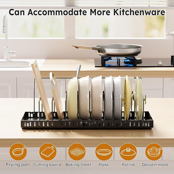 Pull-out Pots and Pans Organizer Under Cabinet - 1 Pack Expandable Pot and Pan Organizer Rack with 10 Adjustable Dividers for Pot, Cutting Board, Dishes, Lid, Baking Tray