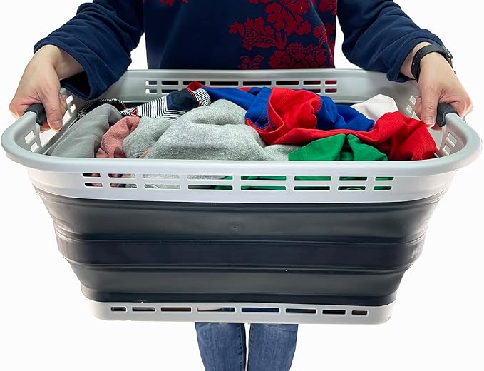 SAMMART 42L (11 Galloons) Collapsible Plastic Laundry Basket - Foldable Pop Up Storage Container/Organizer - Portable Washing Tub - Space Saving Hamper/Basket (Grey/Slate Grey) [BPA Free]