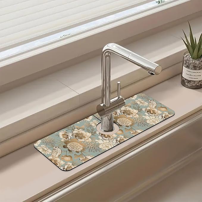 Sink Splash Guard Faucet Mat Peonies Bird and Butterflies Absorbent Fast Drying Mat Sink Gadgets Splash Guard Behind Faucet Drip Catcher for Kitchen Bathroom 15.5"X5.5"