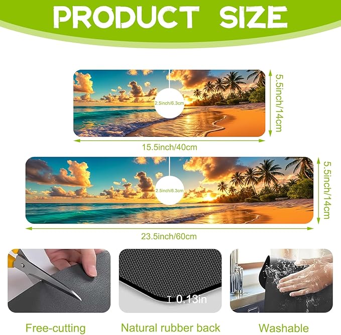 Sunset Beach Waves Palm Trees Kitchen Sink Splash Guard Faucet Mat Super Absorbent Fast Drying Mat Guard Behind Faucet Drip Catcher for Kitchen Bathroom, 15.5"X5.5"