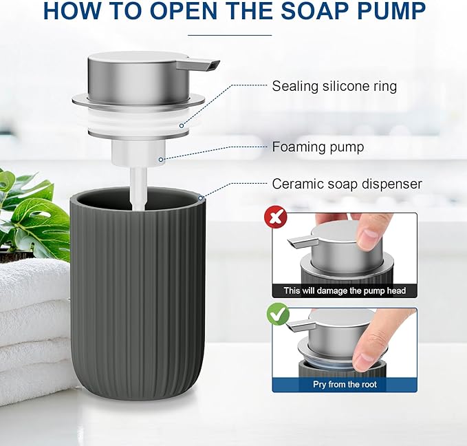 Ceramic Foaming Soap Dispenser, 12 oz Bathroom Foam Hand Soap Dispenser, Refillable Lotion Soap Dispenser with Removable Pump for Kitchen Hand Wash Dispenser, Modern Home Decor (2Pack-Matte Grey)