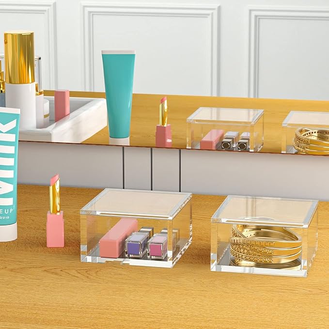 AITEE Acrylic Box with Lid, Clear Cube Display Case, Multi-Purpose Box Square Container for Holding Staples, Highlighters, Adhesive Tape, Paper Clips, Stamps, Display in Office or Home (Medium)