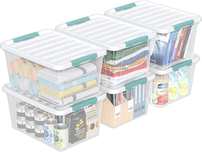 Haodehen 6-Pack Clear Plastic Storage Bins with Lids, 35 Quart Latch Storage Box