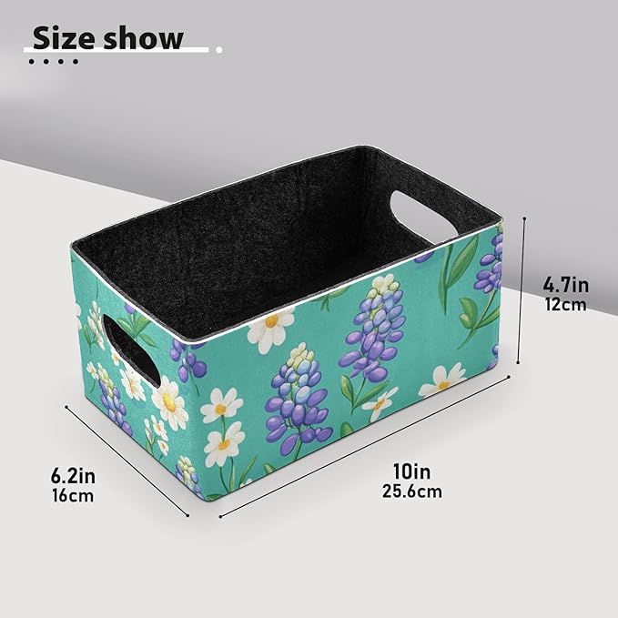 Mint Green Bluebonnet Daisy Flowers Closet Storage Bins 2 Pcs Felt Open Home Storage Containers Organizer with Handles Collapsible Shelf Basket for Home Office Craft Room Classroom Fabric