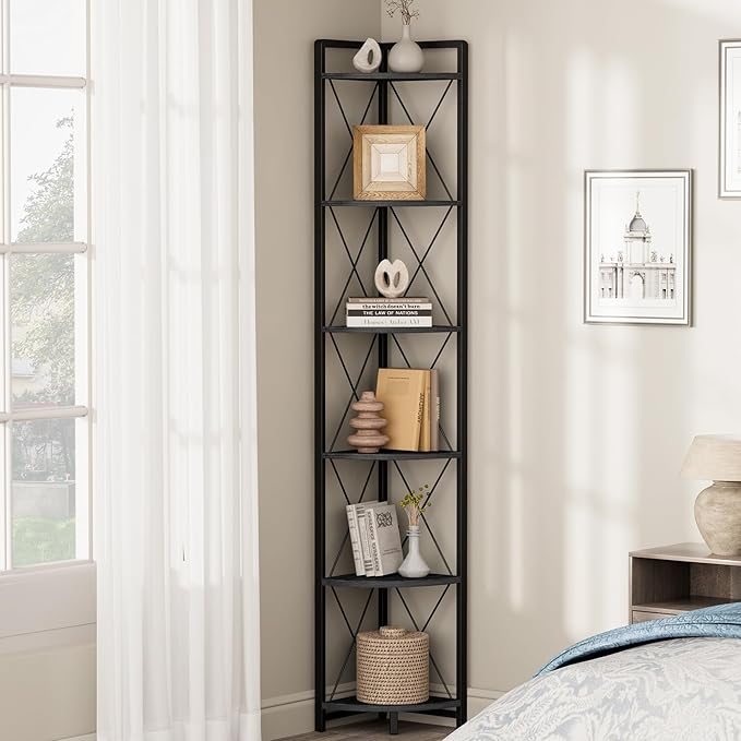 6 Tier Corner Shelf Stand, 78" H Tall Industrial Corner Bookshelf for Living Room Decor, Metal Corner Shelf, Plant Stand Display Shelf for Bedroom, Bathroom, Small Space, Black