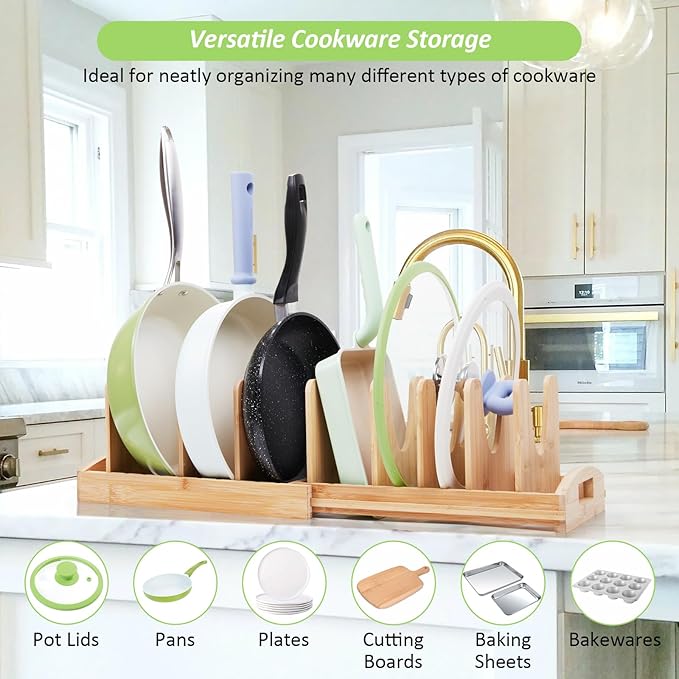 Pots and Pans Organizer under Cabinet, Pot Lid Organizer Bamboo Expandable with 10 Adjustable Dividers, Pan Holder Kitchen Storage Rack for Cutting Board, Baking Tray and Cookie Sheet